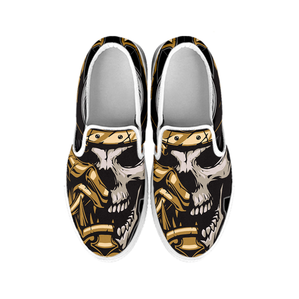Black Samurai Skull Print White Slip On Shoes