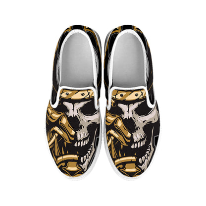 Black Samurai Skull Print White Slip On Shoes