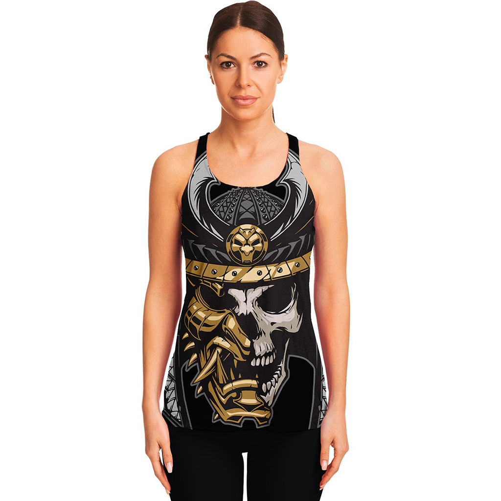 Black Samurai Skull Print Women's Racerback Tank Top