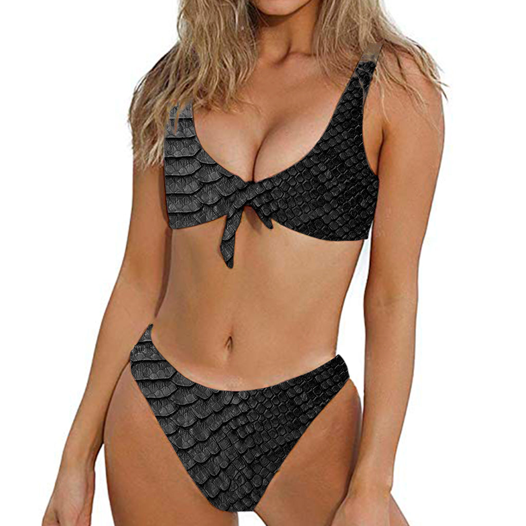 Black Snakeskin Print Front Bow Tie Bikini