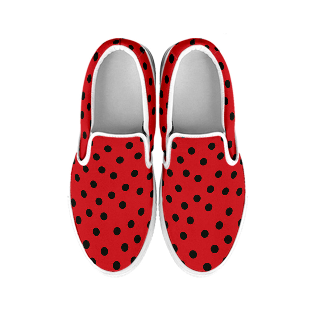 Black Spots Ladybird Pattern Print White Slip On Shoes