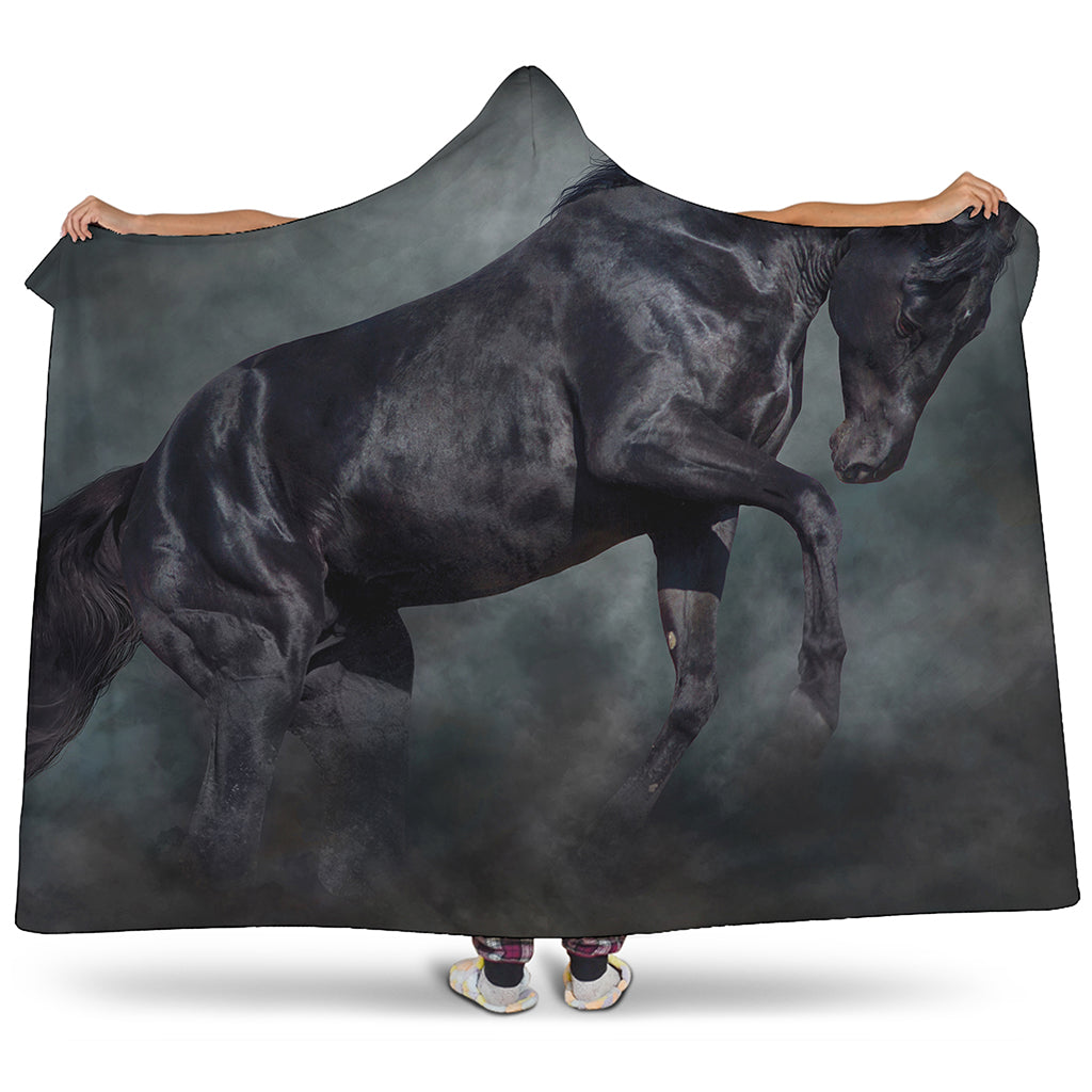 Black Stallion Horse Print Hooded Blanket