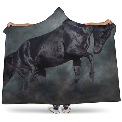 Black Stallion Horse Print Hooded Blanket