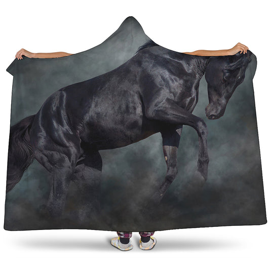 Black Stallion Horse Print Hooded Blanket