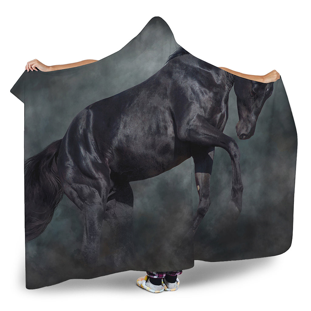 Black Stallion Horse Print Hooded Blanket