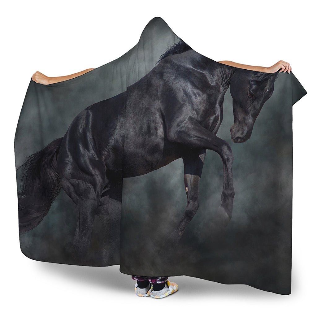 Black Stallion Horse Print Hooded Blanket