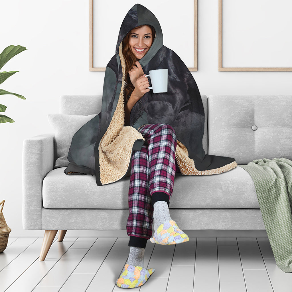 Black Stallion Horse Print Hooded Blanket