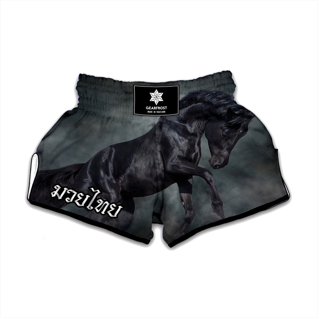 Black Stallion Horse Print Muay Thai Boxing Shorts