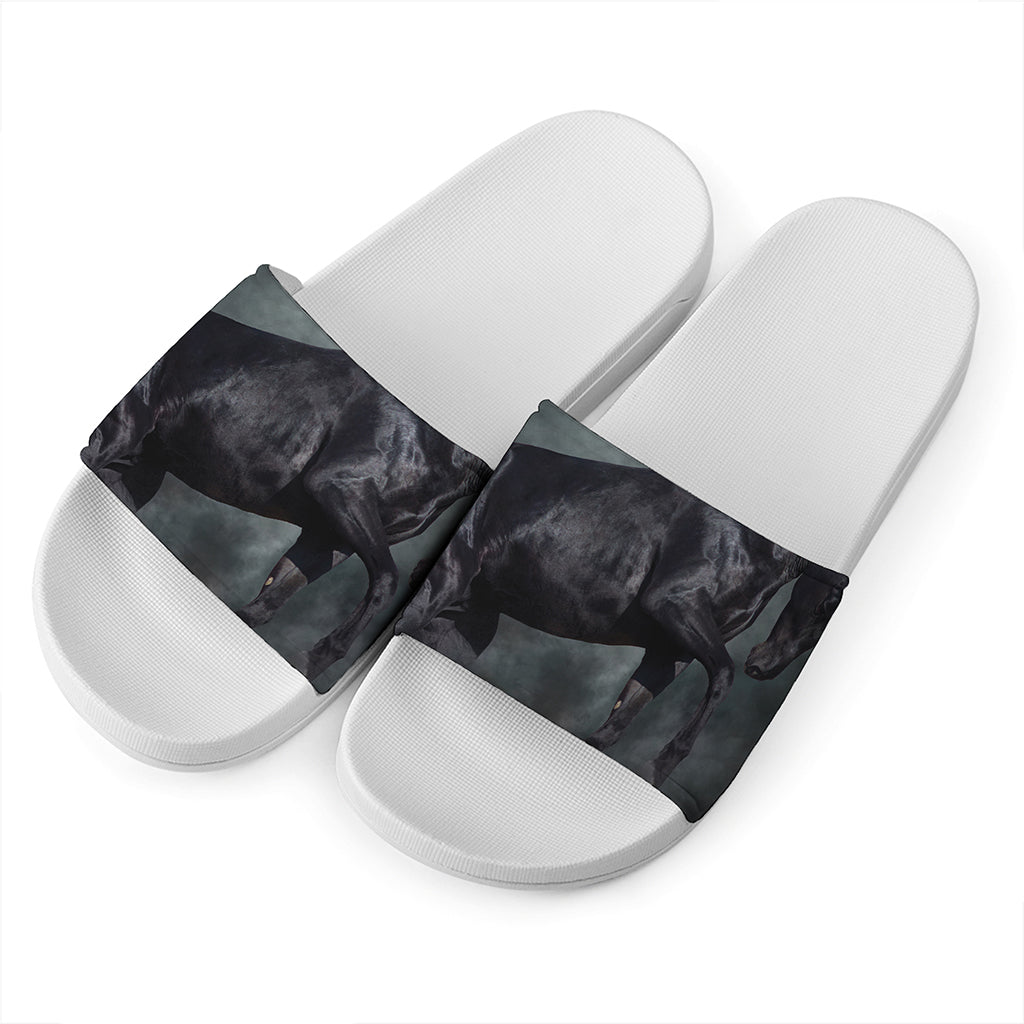 Black Stallion Horse Print White Slide Sandals