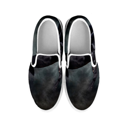 Black Stallion Horse Print White Slip On Shoes