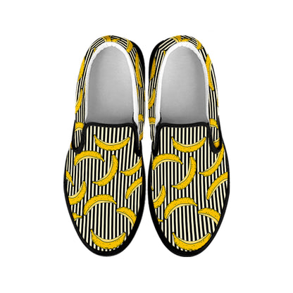 Black Striped Banana Pattern Print Black Slip On Shoes