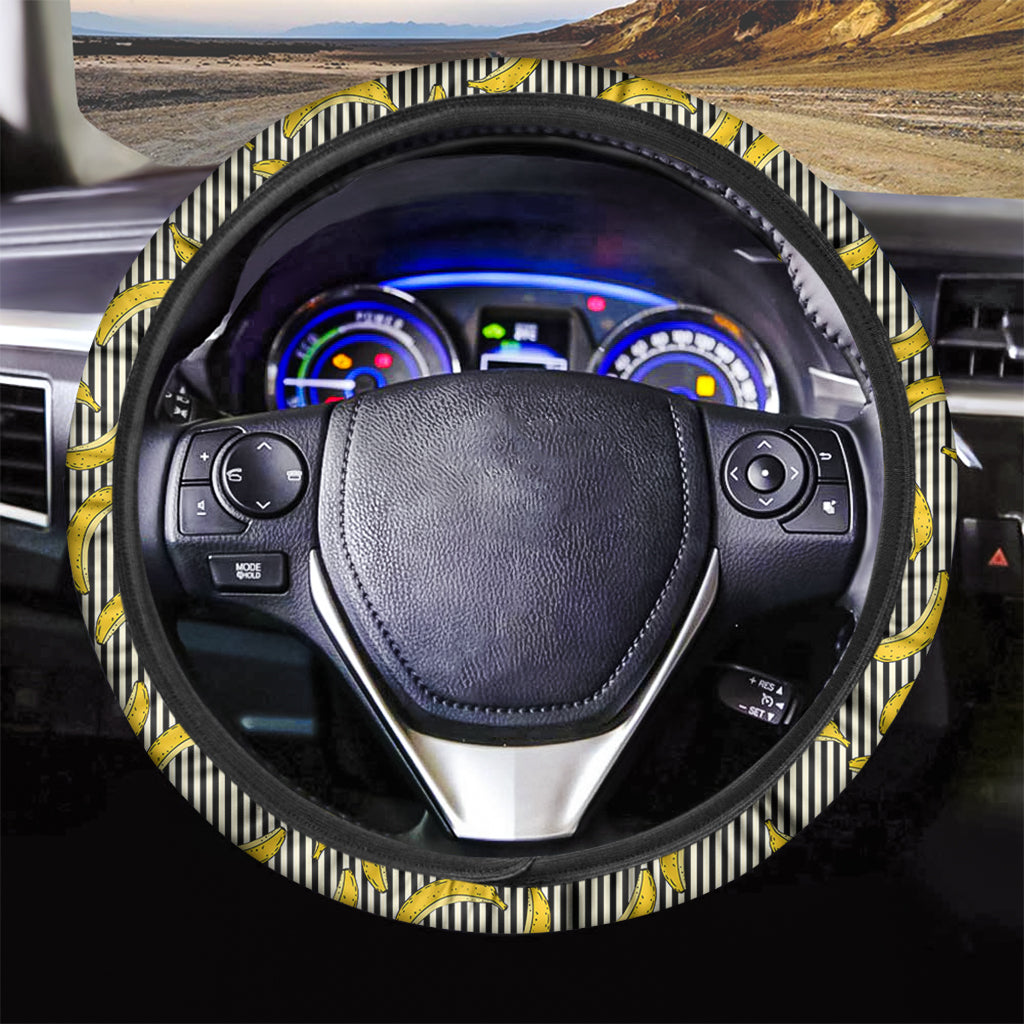 Black Striped Banana Pattern Print Car Steering Wheel Cover