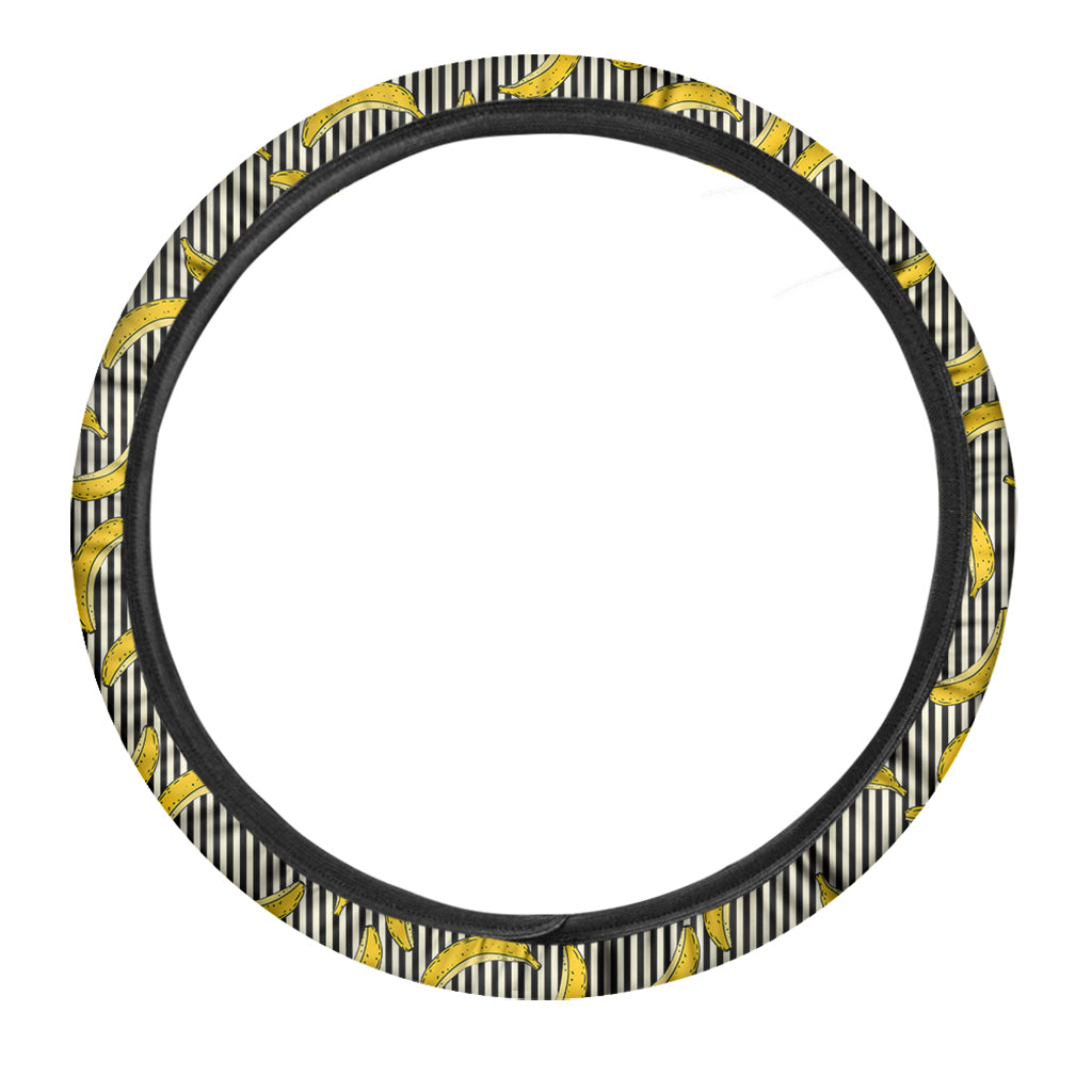 Black Striped Banana Pattern Print Car Steering Wheel Cover