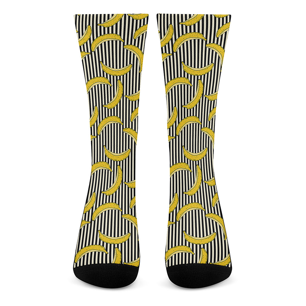 Black Striped Banana Pattern Print Crew Socks