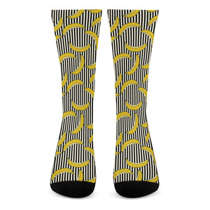 Black Striped Banana Pattern Print Crew Socks