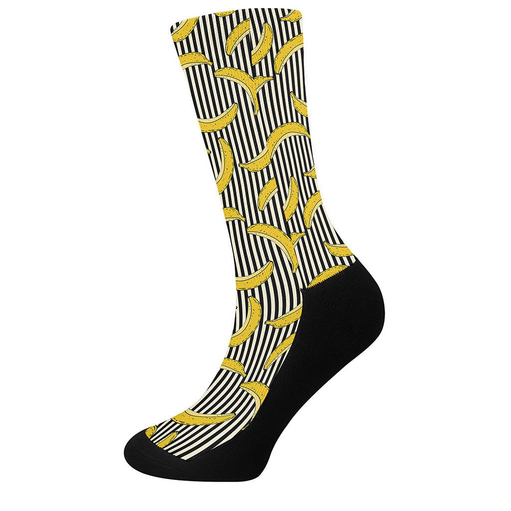 Black Striped Banana Pattern Print Crew Socks