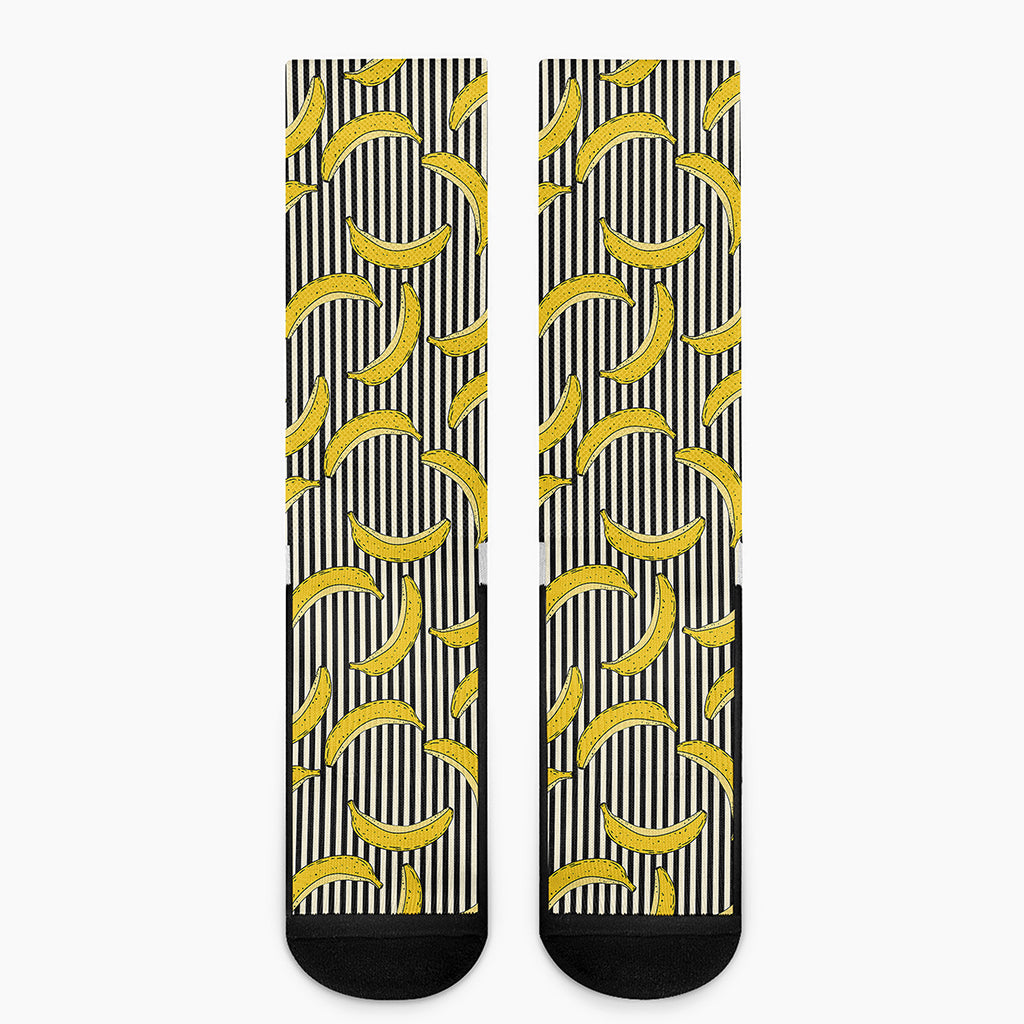 Black Striped Banana Pattern Print Crew Socks