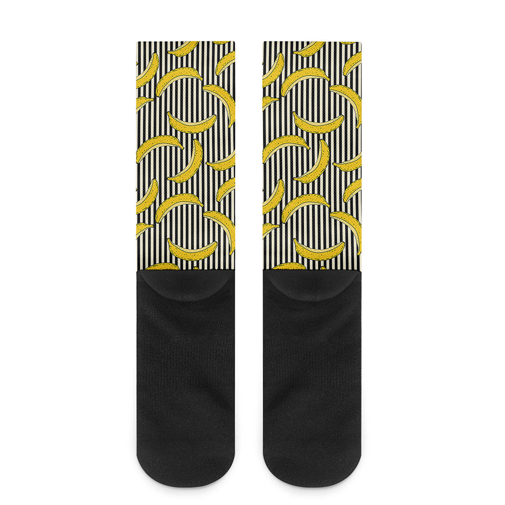 Black Striped Banana Pattern Print Crew Socks