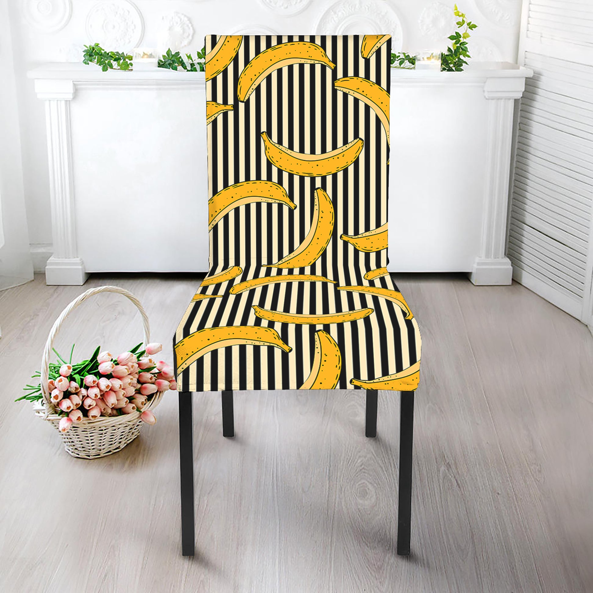 Black Striped Banana Pattern Print Dining Chair Slipcover