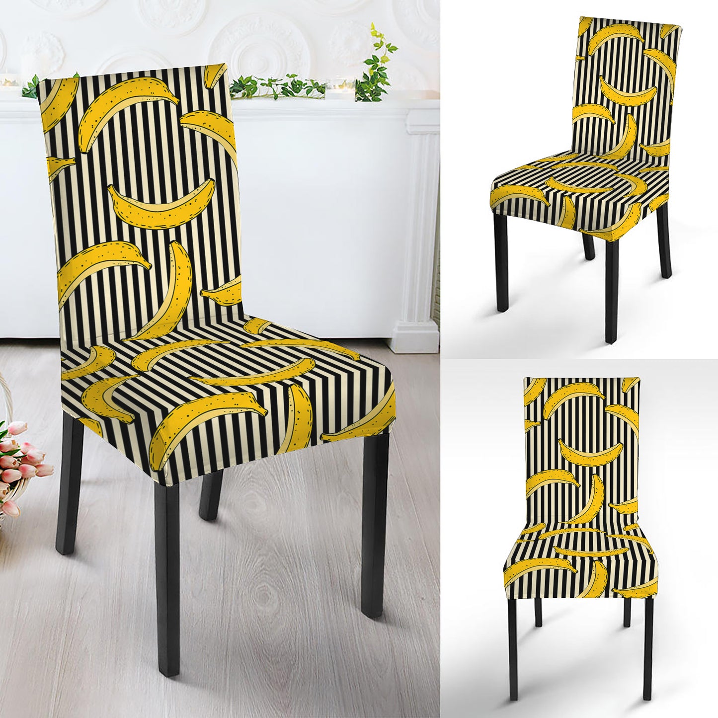 Black Striped Banana Pattern Print Dining Chair Slipcover
