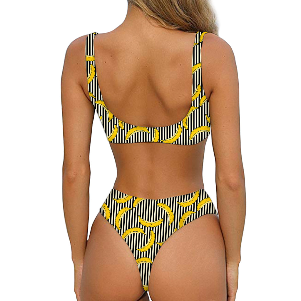 Black Striped Banana Pattern Print Front Bow Tie Bikini