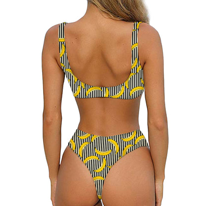Black Striped Banana Pattern Print Front Bow Tie Bikini