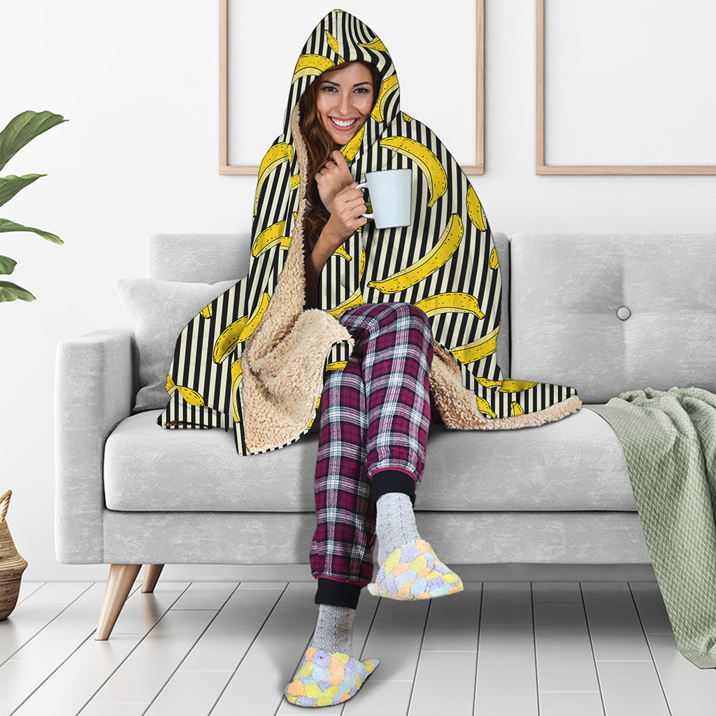 Black Striped Banana Pattern Print Hooded Blanket