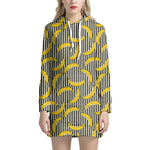Black Striped Banana Pattern Print Hoodie Dress