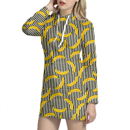 Black Striped Banana Pattern Print Hoodie Dress