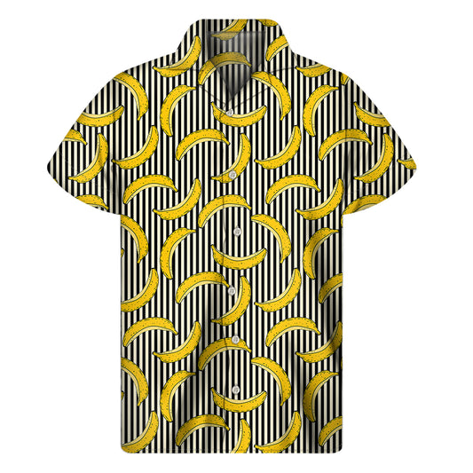 Black Striped Banana Pattern Print Men's Short Sleeve Shirt