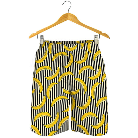 Black Striped Banana Pattern Print Men's Shorts