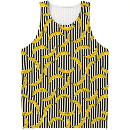 Black Striped Banana Pattern Print Men's Tank Top