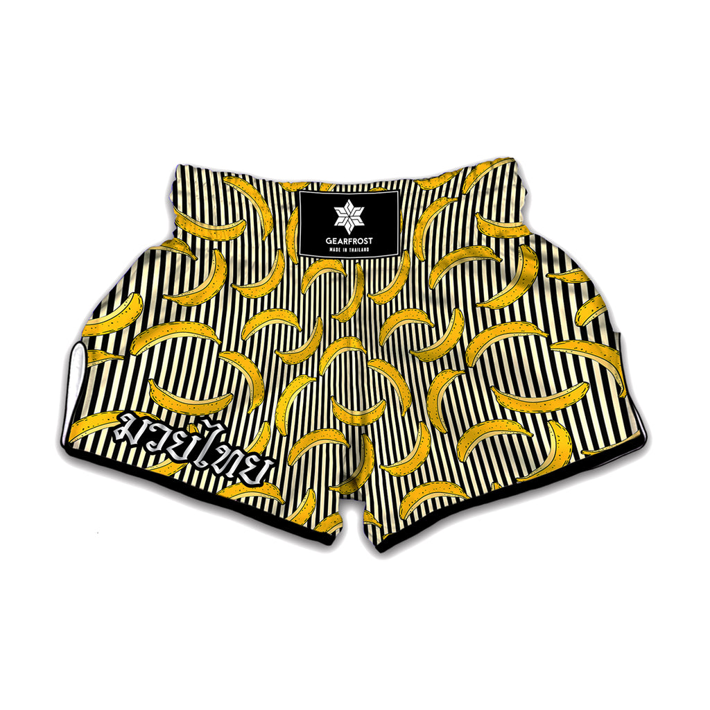 Black Striped Banana Pattern Print Muay Thai Boxing Shorts