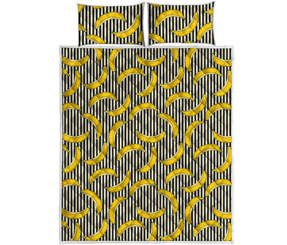 Black Striped Banana Pattern Print Quilt Bed Set