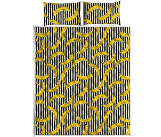 Black Striped Banana Pattern Print Quilt Bed Set
