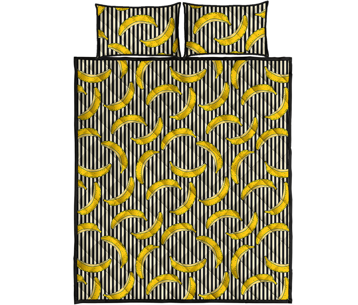 Black Striped Banana Pattern Print Quilt Bed Set