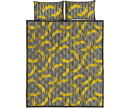 Black Striped Banana Pattern Print Quilt Bed Set