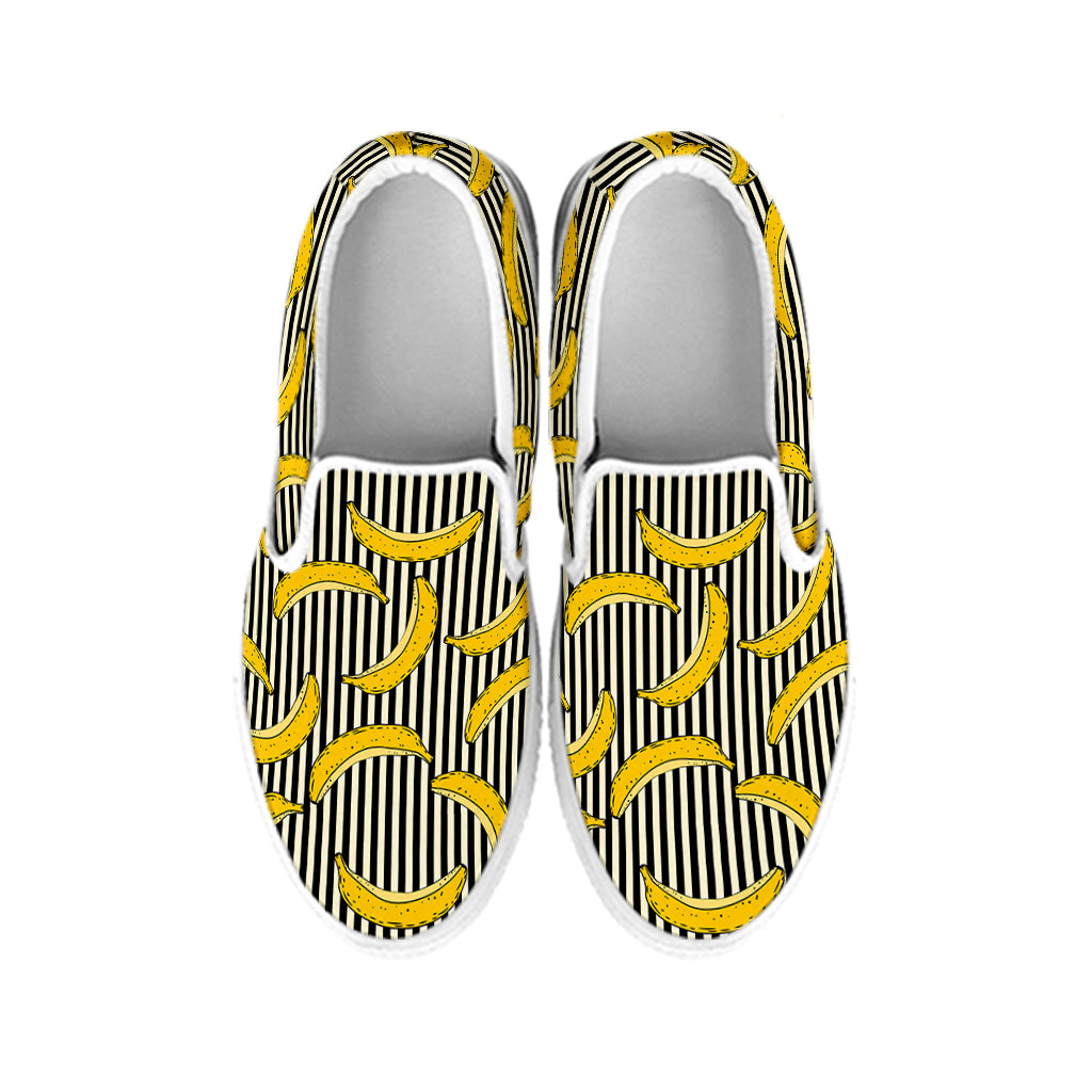 Black Striped Banana Pattern Print White Slip On Shoes