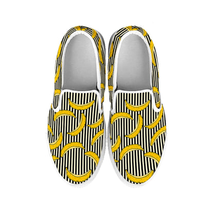 Black Striped Banana Pattern Print White Slip On Shoes