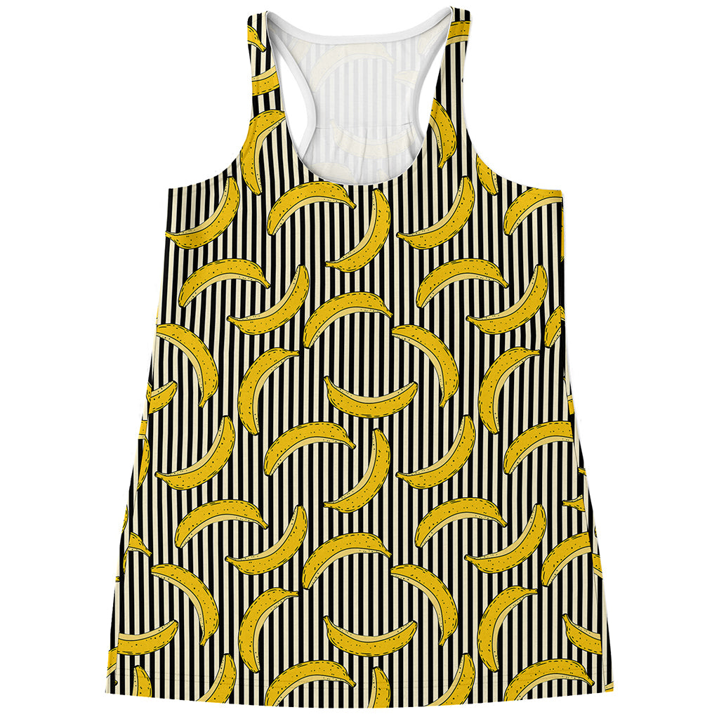 Black Striped Banana Pattern Print Women's Racerback Tank Top
