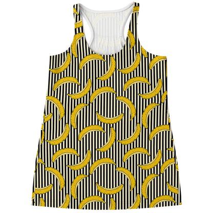 Black Striped Banana Pattern Print Women's Racerback Tank Top