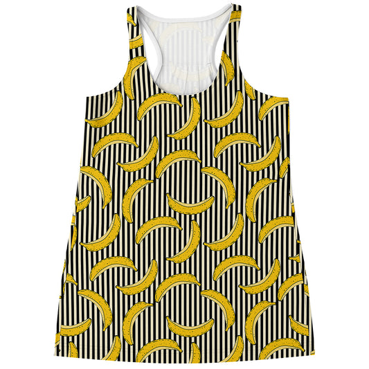 Black Striped Banana Pattern Print Women's Racerback Tank Top