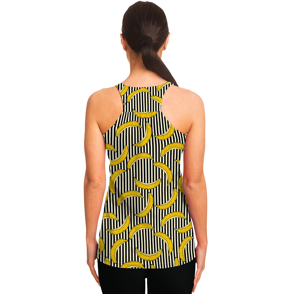 Black Striped Banana Pattern Print Women's Racerback Tank Top