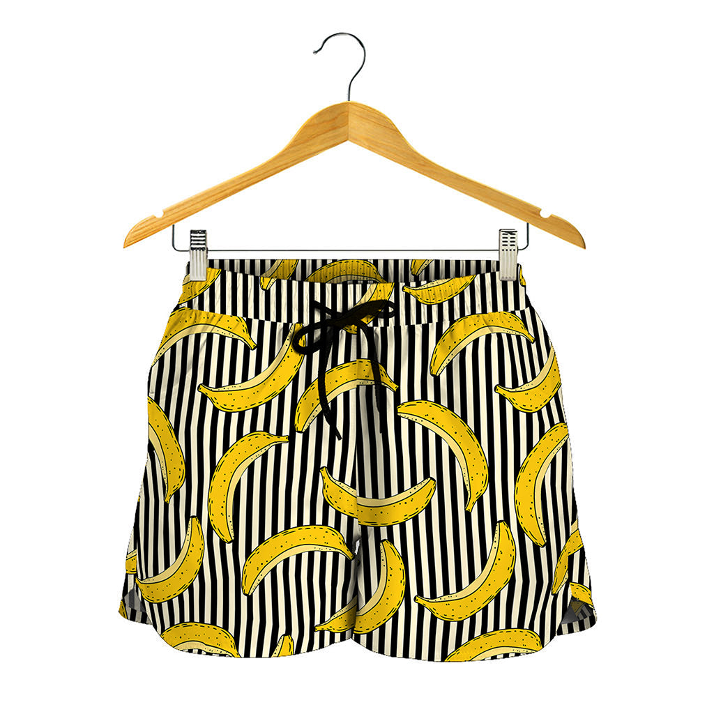 Black Striped Banana Pattern Print Women's Shorts
