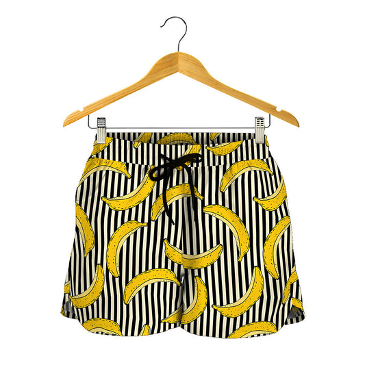 Black Striped Banana Pattern Print Women's Shorts