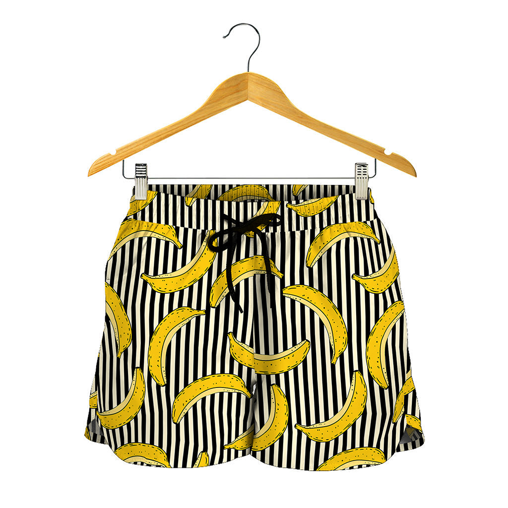 Black Striped Banana Pattern Print Women's Shorts