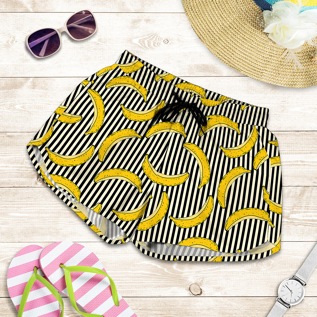 Black Striped Banana Pattern Print Women's Shorts