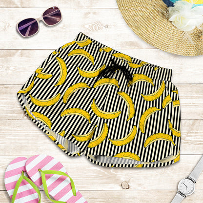 Black Striped Banana Pattern Print Women's Shorts