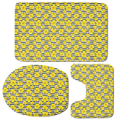 Black Striped Daffodil Pattern Print 3 Piece Bath Mat Set