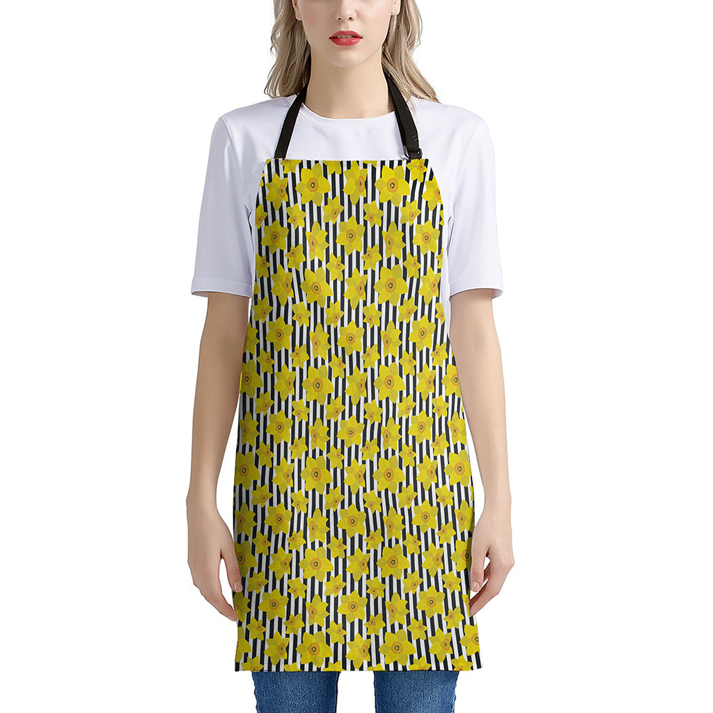 Black Striped Daffodil Pattern Print Apron